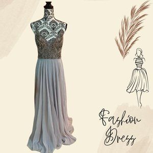 Grey Plunging V-neck Beaded Chiffon Evening Dress - Size 4